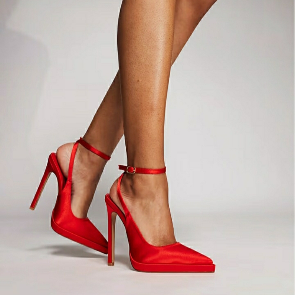 Red Satin Pointed-Toe Ankle-Strap Stiletto Heels Size 10 NWOT